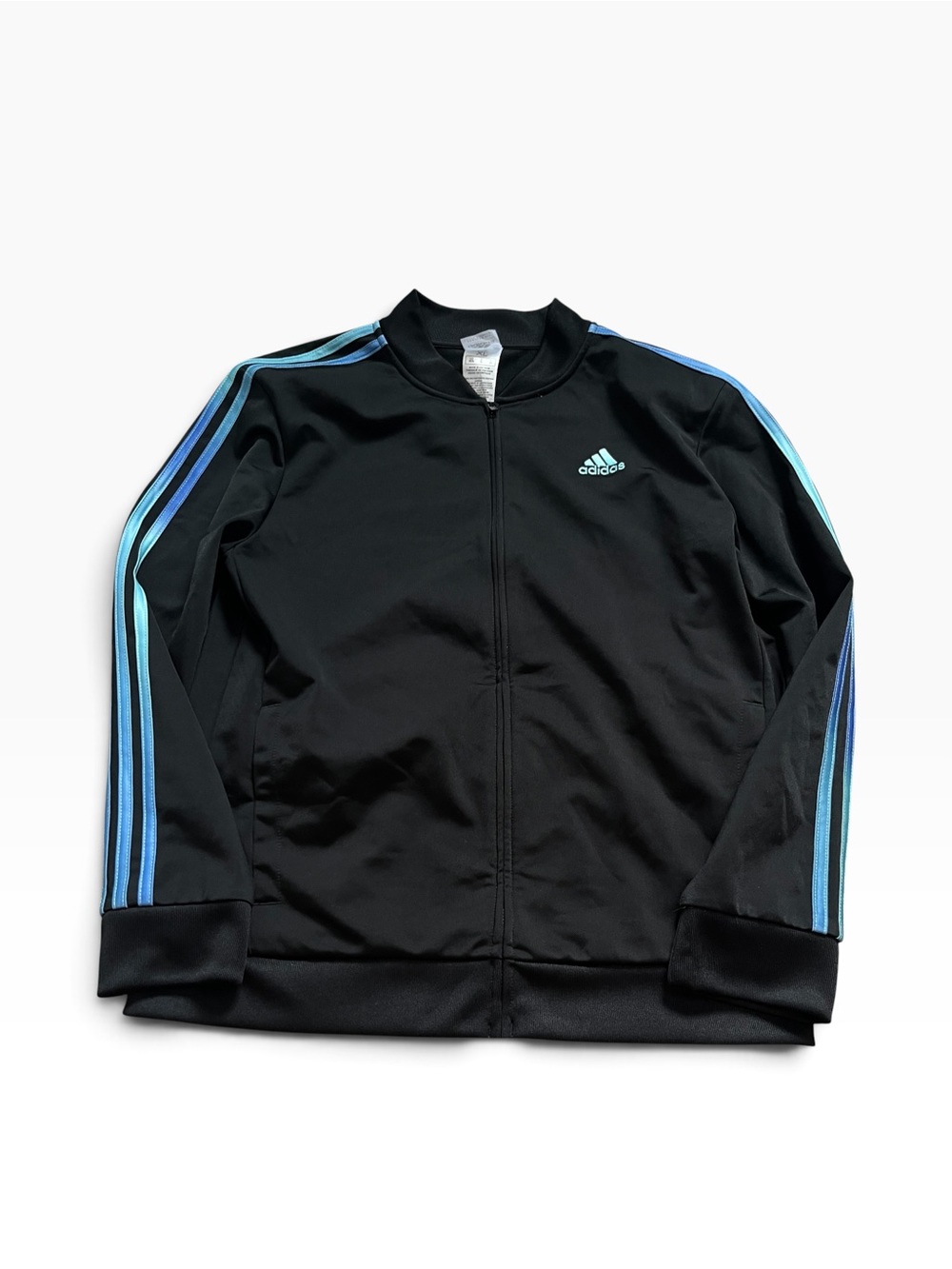 adidas Girls Black Performance Track Jacket Blue Stripes Full Zip Size XL
